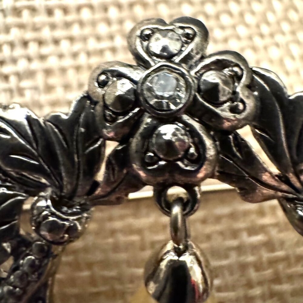 Antique-Style Silver Floral Brooch With Dangling Faux Pearl Accent - Picture 2 of 9